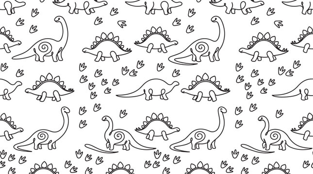 Hand drawn dinosaur pattern with black outlines on a white background for kids design