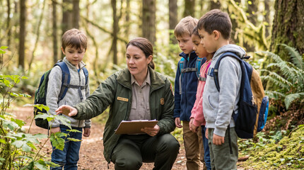 Obraz premium Park ranger teaching children about nature in a forest 