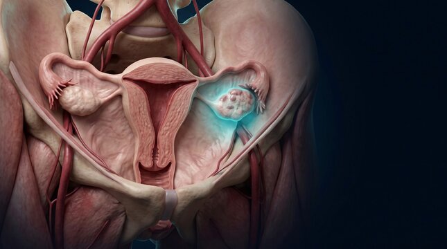 Anatomical illustration of human female reproductive system showing early embryo development in uterus
