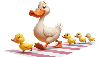Fototapeta premium Happy mother duck leading her cute yellow ducklings walking across a red and white striped crosswalk with joyful expression.