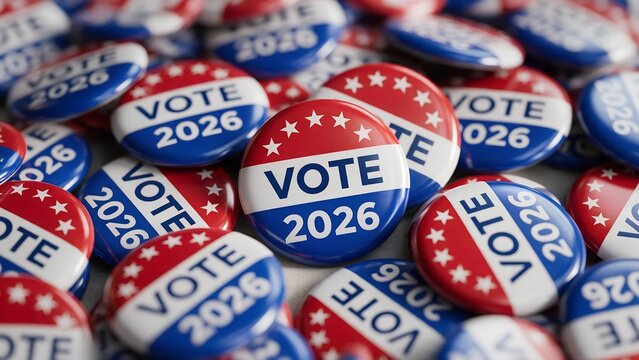 Patriotic red white and blue round campaign buttons featuring bold vote 2026 text with stars arranged in a macro photographic view of american political merchandise