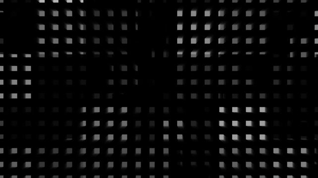 Black background with metallic gray 3d squares in a dynamic grid, futuristic digital pattern