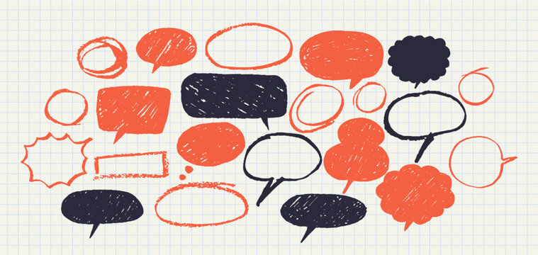 Grunge speech bubbles doodle collection for hand drawn notes, journal and scrapbook design. Chalk board school elements. Dialogue conversation bubbles in comics style for photo collage or social media