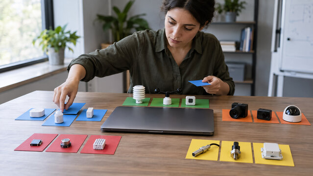 Engineer sorting smart sensors and iot devices by color cards on desk. Concept of hardware testing.