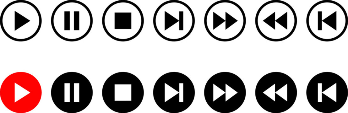 Media player control icons depicting play pause stop fast forward and rewind functions on a white background