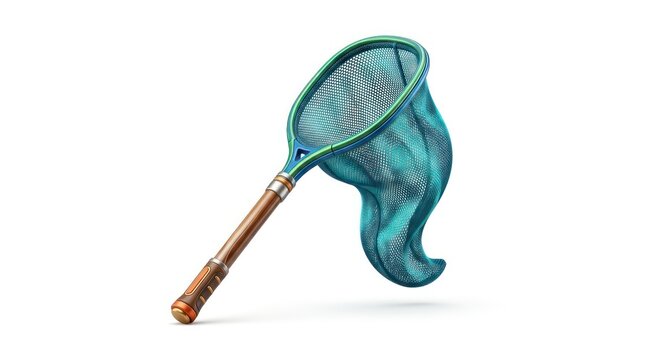 Teal butterfly net with wooden handle isolated on white background