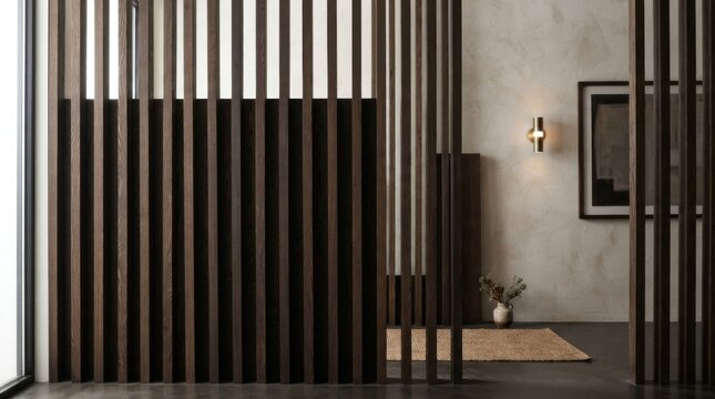 Modern wooden slat room divider in a bright contemporary living room