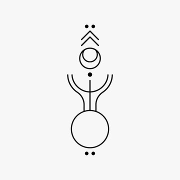 minimalist spiritual totem symbols with sacred geometry. Thin black line art vertical icons featuring dots, chevrons, moon, circles and crescent. Perfect for boho logo, yoga studio, t
