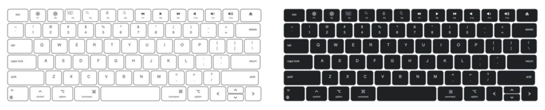 Keyboard Layout Collection, Editable Vector Computer Keyboard Designs with White and Black Keyboards, QWERTY Keys and Modern Typing Equipment Illustrations for Technology
