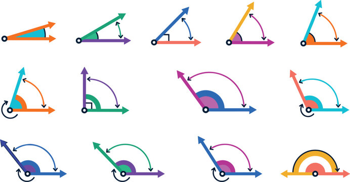 Mathematical Geometry Angle Types Acute Obtuse Right Reflex and Straight Angles Educational Diagram Vector Icon Set