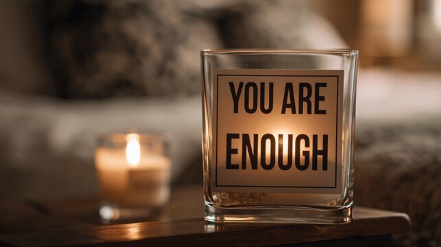 Motivational candle featuring the words you are enough surrounded by a warm and inviting blurred background