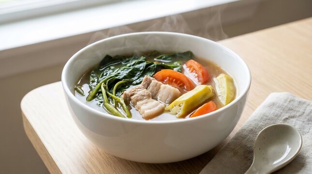 Sinigang: Close-up of a steaming bowl of traditional sour soup