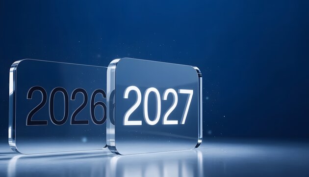 Two glass blocks with 2026 and 2027 numbers transition for new year celebration.