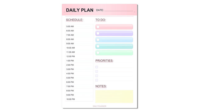 Pastel colored daily plan stationery template with hourly schedule and todo list for efficient time management transparent background