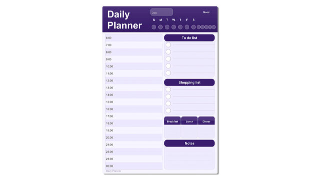 Minimalist purple daily planner template featuring hourly schedule sections and organized lists for personal productivity transparent background