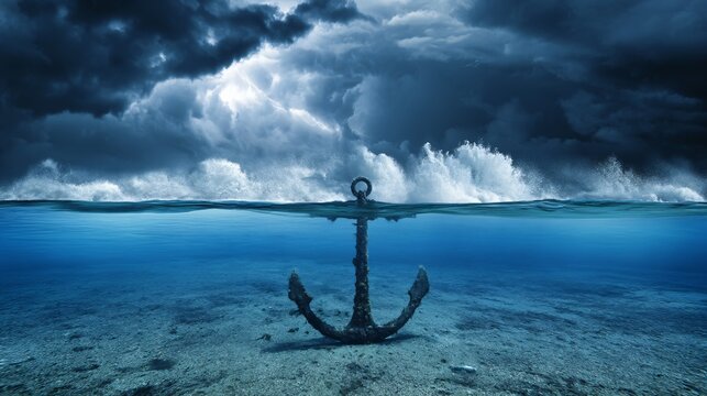 A sturdy anchor rests on the ocean floor surrounded by tranquil blue waters and striking clouds overhead