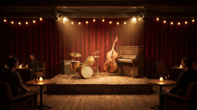 Intimate jazz club with small stage and musical instruments  