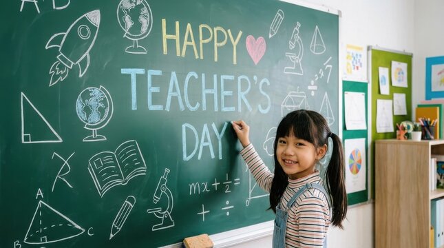 Happy asian schoolgirl writing on a green chalkboard decorated with educational drawings for teachers day