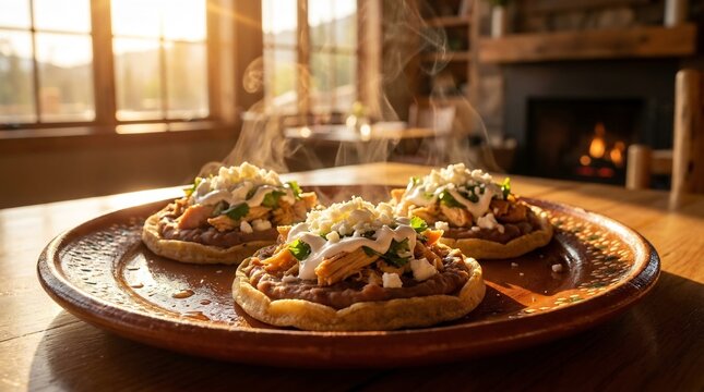 Sopes: corn tortillas with refried beans with shredded meat