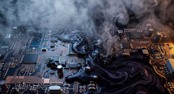 溶解するプリント基板と煙によるテクノロジー衰退のイメージ背景