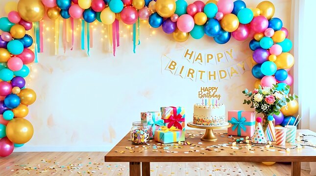 Festive birthday party table with cake and colorful balloon arch