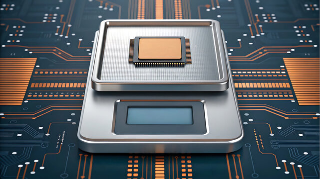 Precision engineered balance scale symbolizing copper processor on blue circuit board evokes technology and innovation