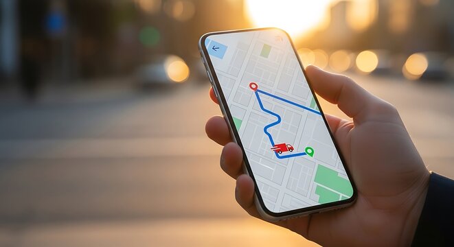 Person using a mobile phone to view a digital navigation map with route map app gps map