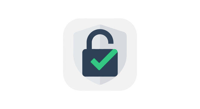 Open padlock with green check mark on shield vector icon for access granted and security