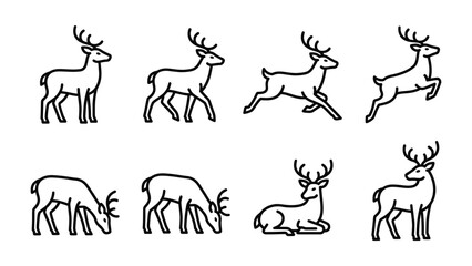 Fototapeta premium Deer Poses Collection: A set of eight diverse line art illustrations depicting a deer in various poses, including standing, walking, running, jumping, grazing, and resting.