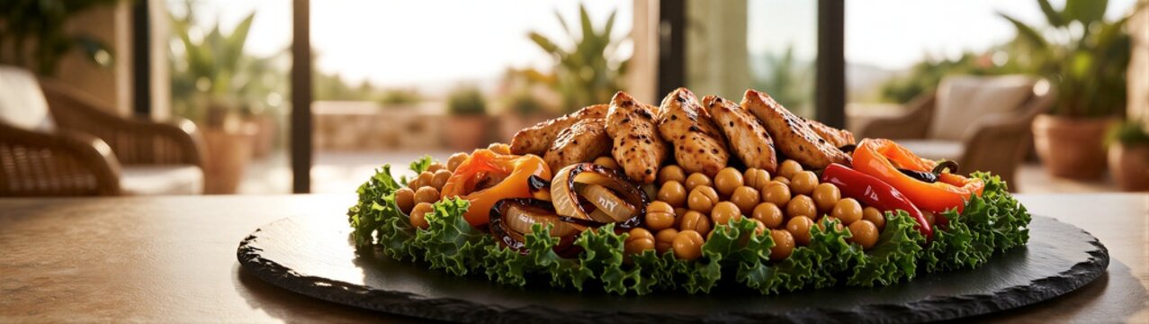Roasted vegetable and chickpea platter on slate board patio