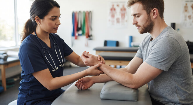 Female Physiotherapist Examining Wrist Injury of Male Patient During Rehabilitation Session in Clinic. Concept of physiotherapy, physical therapy, doctor, physical therapist, exam.
