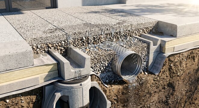 Cross section of a drainage pipe system installed under a concrete patio