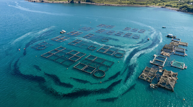 Aerial view of open ocean fish farm cages aquaculture enclosures in clear turquoise sea water. Concept of salmon farm, mariculture, drone shot, fishery. Copy space.