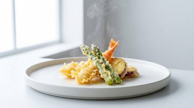 Crispy vegetable and shrimp tempura platter on a minimalist