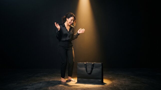 Woman in black clothes joyfully reacts to a large black shopping bag under a spotlight