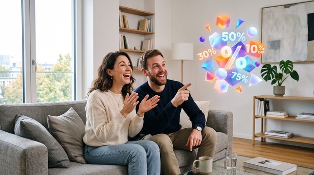 Excited couple reacts to holographic sale discounts floating in their living room, pointing and clapping