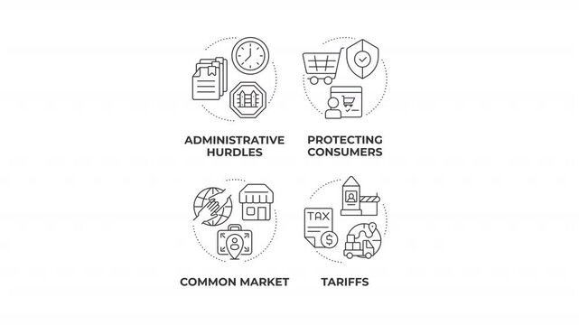 Cross border economic policy animated line concept icon set. Globalized marketplace logistics. Import and export frameworks. Flat linear graphics motion. Minimalist black outline animation pack