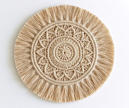 Beige Macrame Wall Hanging with Circular Design and Fringe Edges