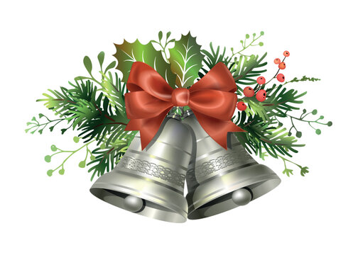 Silver Christmas bells with red bow, spruce branches and berries vector illustration. Decorative winter holiday jingle bells element isolated on white background.