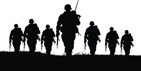 Obraz premium Black silhouettes of a group of soldiers marching in a line across a field, carrying rifles and wearing helmets, isolated on a white background
