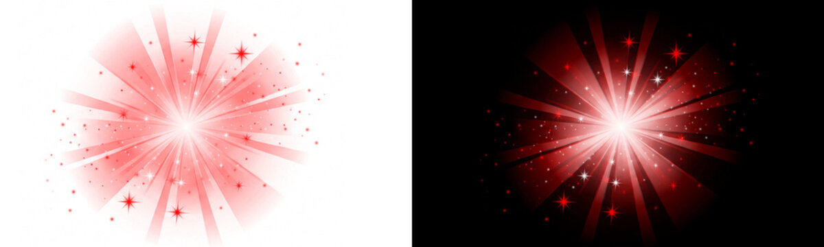 Intense red light burst with shimmering star rays and glitter particles for festive event background overlays.