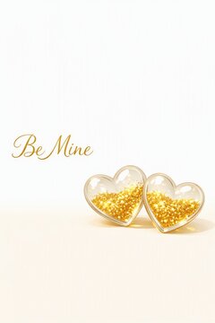 Two glass heart ornaments filled with golden glitter and handwritten be mine text for romantic valentine background and greeting card design