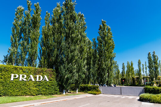 White PRADA logo on a green hedge, near the PRADA factory in Montevarchi, Tuscany, Italy, Europe
