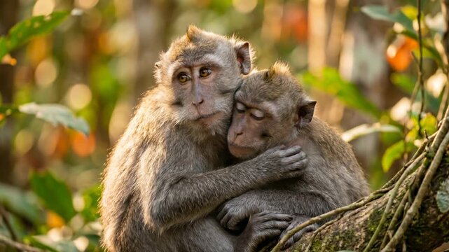 two crab eating macaques in bali indonesia mangrove forest golden light close up video