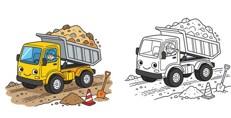 Cute Cartoon Dump Truck with Driver, Construction Site Scene, Coloring Page for Kids, Vector Illustration © SalahuddinAhamed