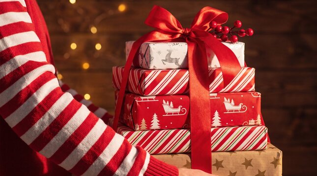 A person in red and white striped socks holds a festive stack of wrapped presents tied with a red ribbon and decorated with berries against a warm, blurred background.