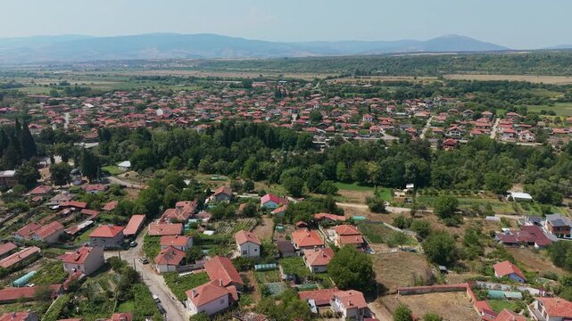 Aerial view of Stob village with red roofs in Bulgaria