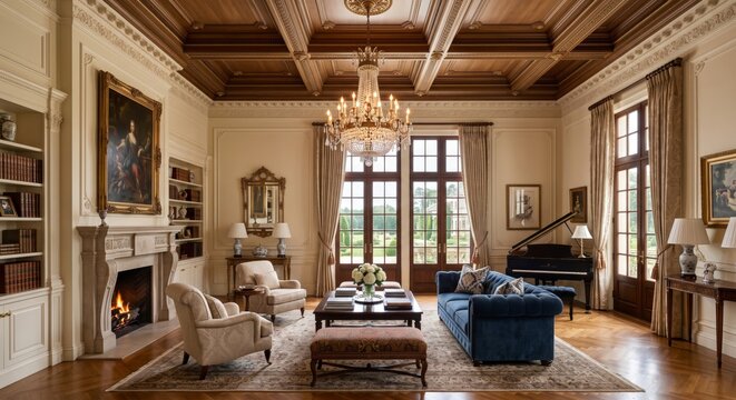 Luxury living room interior with elegant coffered ceiling and crystal chandelier showcasing traditional sophistication