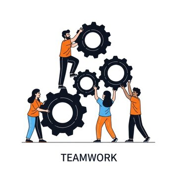 Teamwork illustration with people building gears together