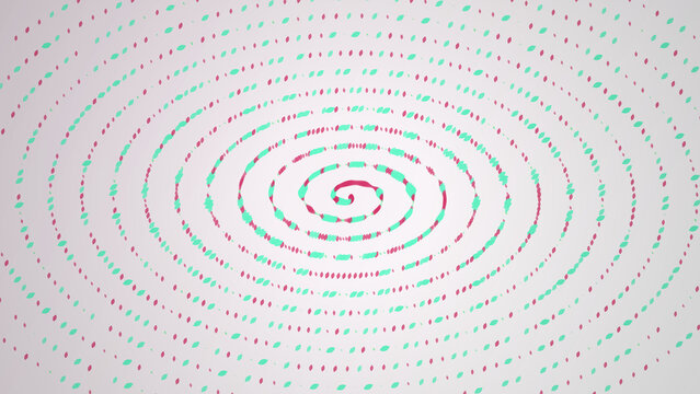 Pink and turquoise halftone spiral pattern on a white background, abstract dotted vortex shape, gradient style digital isolated on a transparent background